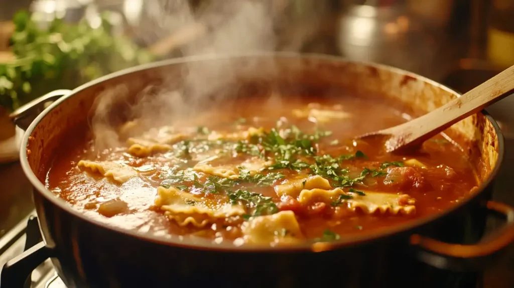 Pot of bubbling lasagna soup with oven-ready noodles floating in tomato broth.