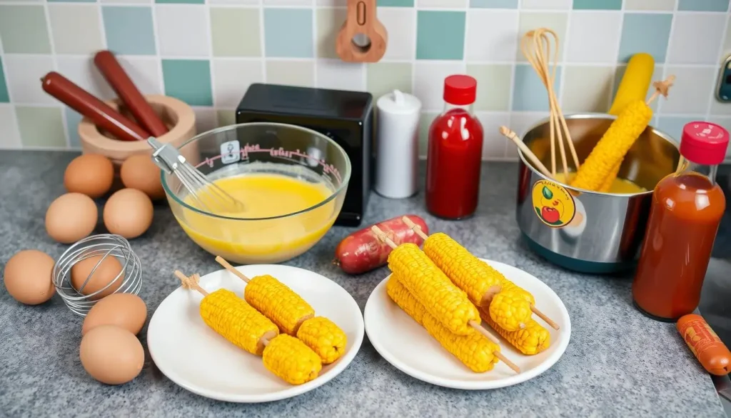 A colorful kitchen countertop featuring essential tools for making breakfast corn dogs, including a deep fryer, a whisk, a mixing bowl filled with cornmeal batter, skewers, a plate with cooked corn dogs, and a bottle of ketchup, all arranged aesthetically with fresh ingredients like eggs and sausages.