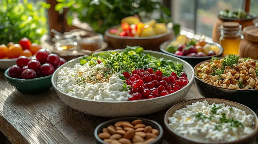 A vibrant bowl of cottage cheese surrounded by fresh fruits and nuts, showcasing its creamy texture, with a backdrop of colorful vegetables and grains, emphasizing a healthy lifestyle.