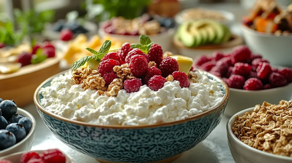A vibrant kitchen countertop adorned with a variety of cottage cheese recipes, showcasing colorful bowls filled with cottage cheese mixed with fresh fruits, herbs, and spices, alongside light and healthy dishes like salads and smoothies, surrounded by natural ingredients such as honey, nuts, and vegetables, bathed in warm, inviting sunlight.