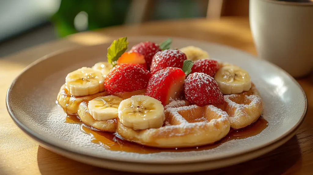 A breakfast table featuring banana waffles topped with fruit and syrup, alongside a cup of coffee for a cozy morning vibe.