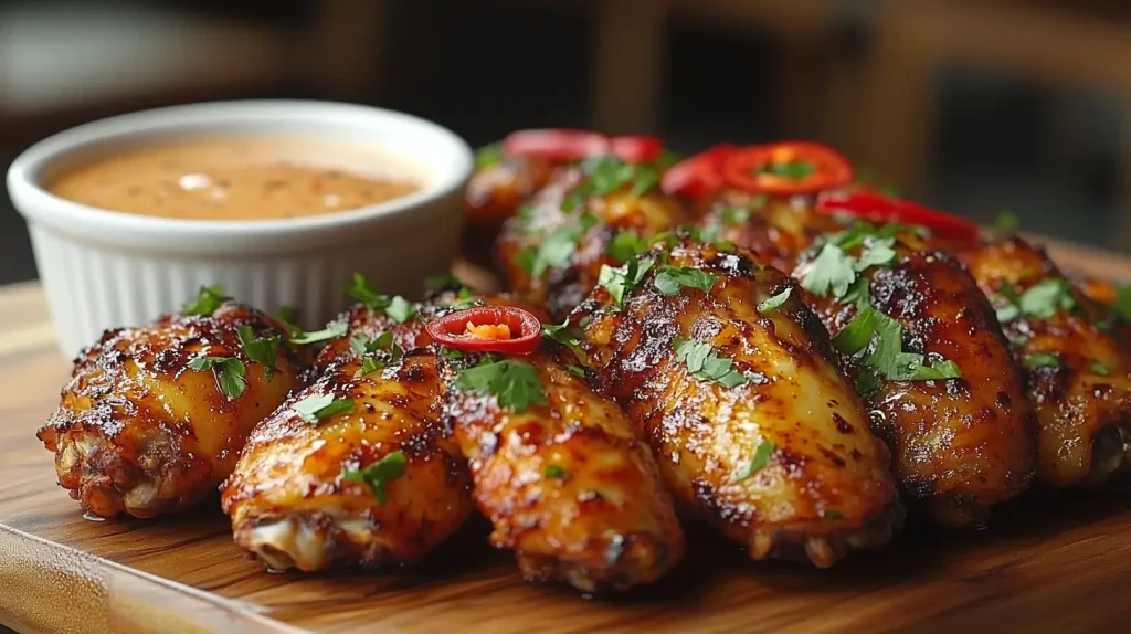 A close-up of golden-brown, crispy chicken wings arranged on a rustic wooden platter, garnished with fresh parsley and slices of vibrant red chili, accompanied by a small bowl of creamy dipping sauce, with a blurred background of a cozy kitchen setting.