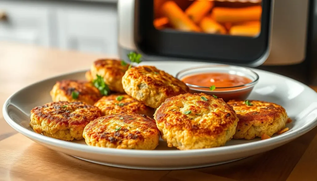 A beautifully plated dish of golden-brown crab cakes, garnished with fresh herbs and served with a side of vibrant dipping sauce, set against an elegant kitchen background with an air fryer in view, showcasing the crispy texture and appetizing appearance.