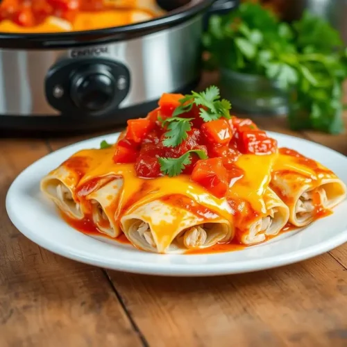 A plate of colorful chicken enchiladas topped with melted cheese, vibrant red salsa, and fresh cilantro, served alongside a slow cooker in the background. The setting includes a rustic wooden table and warm, inviting lighting that highlights the textures and colors of the dish.