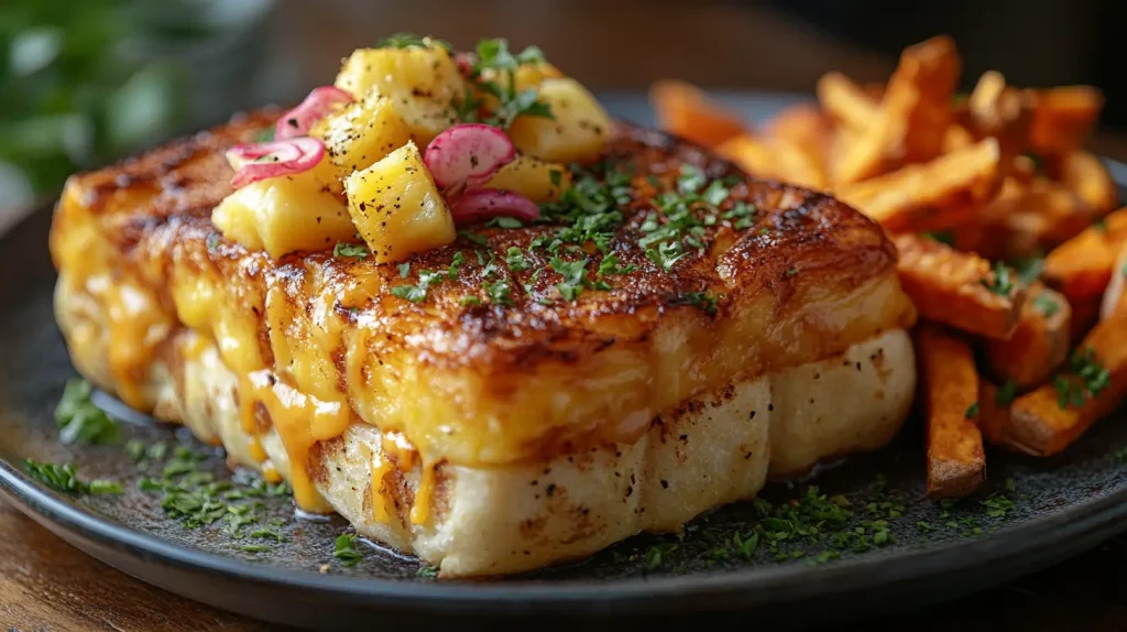 A modern variation of Croque Monsieur with pineapple slices, served with sweet potato fries.