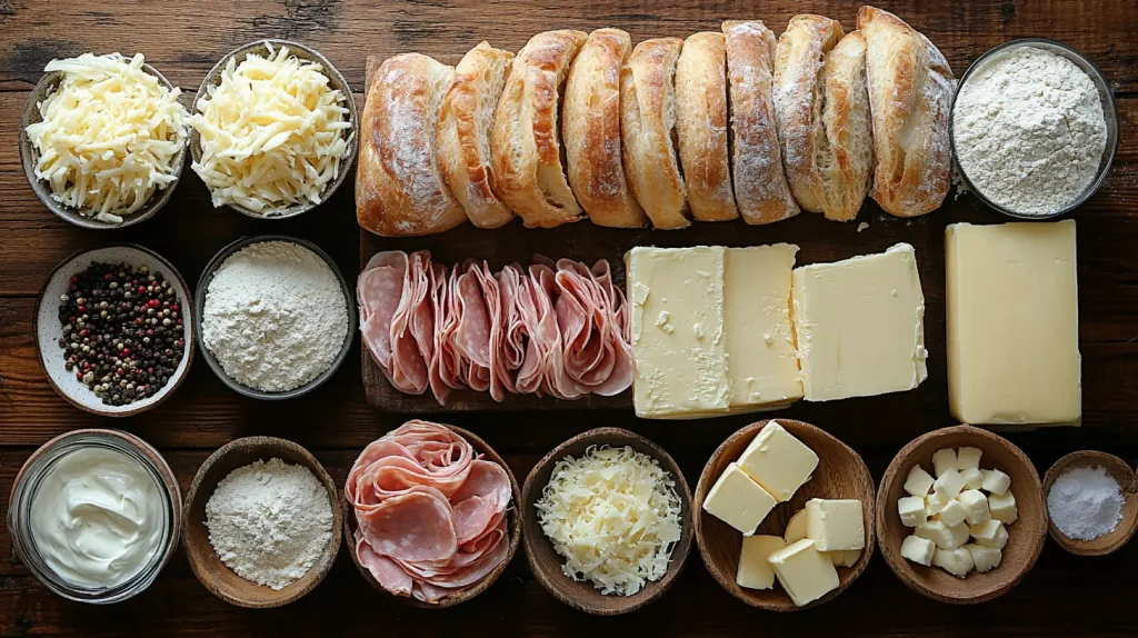 Ingredients for a Croque Monsieur: bread, ham, cheese, butter, and béchamel sauce components on a wooden board.