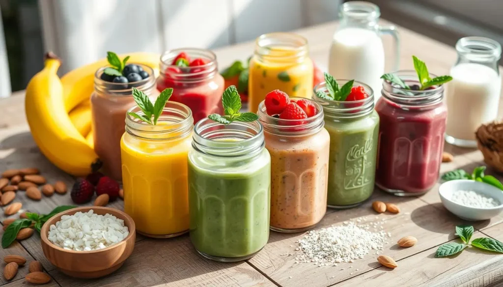 A colorful array of dairy-free smoothies in glass jars, showcasing vibrant fruit blends like banana, mango, and spinach, garnished with fresh berries and mint leaves, placed on a rustic wooden table surrounded by ingredients like almonds, chia seeds, and coconut milk, morning sunlight illuminating the scene.
