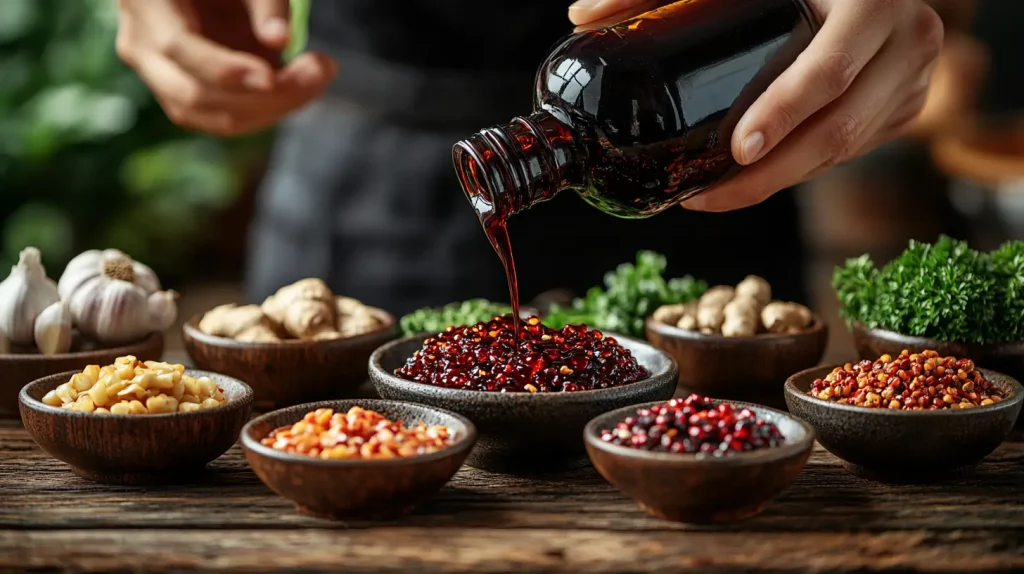 A bottle of dark soy sauce surrounded by garlic, ginger, scallions, and small bowls of ingredients on a wooden table.