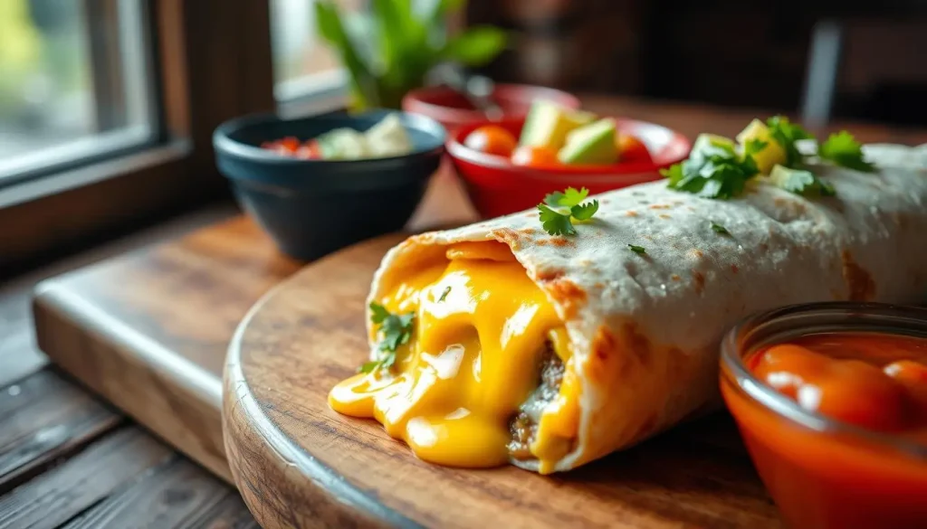 A close-up of a warm, golden egg and cheese burrito, nestled on a rustic wooden table, with melted cheese oozing from the sides, topped with vibrant green cilantro and sliced avocado, surrounded by a few colorful salsa bowls, soft morning light filtering through a nearby window, creating a cozy breakfast scene.