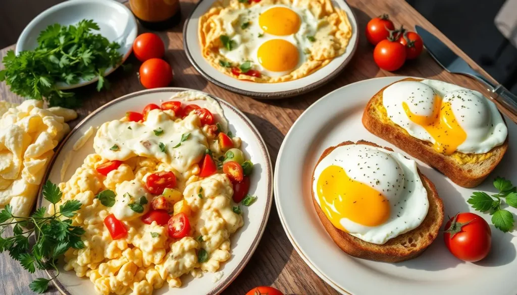 An inviting breakfast spread featuring a variety of egg-based dishes: fluffy scrambled eggs, vibrant vegetable omelette, and perfectly poached eggs on toast, accompanied by fresh herbs and colorful cherry tomatoes, all set on a rustic wooden table with natural morning light illuminating the scene.