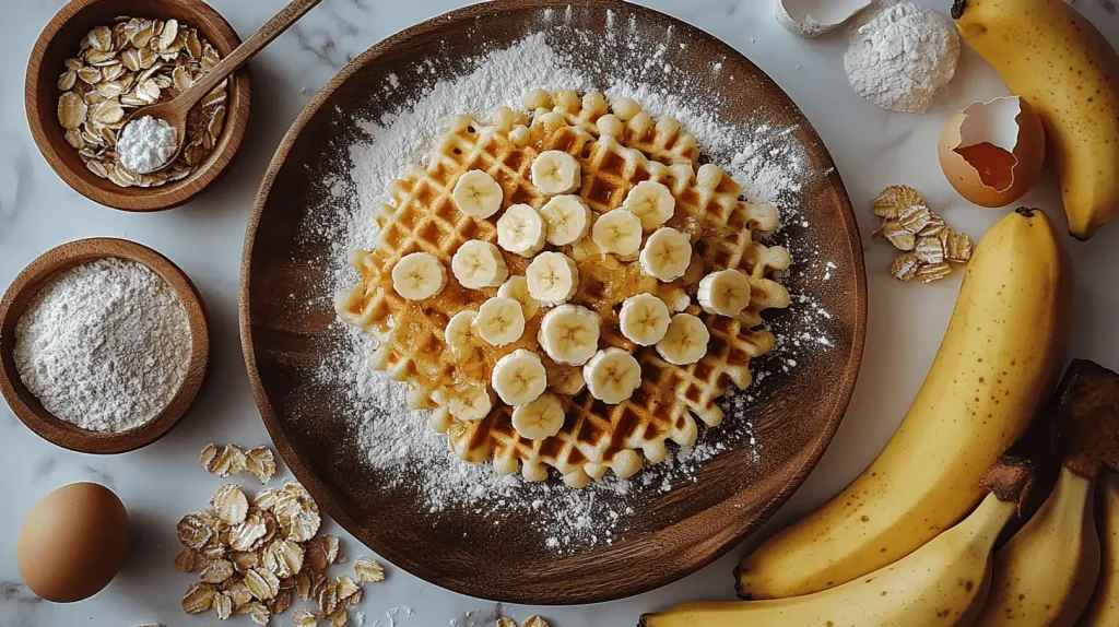 Ingredients for banana waffles arranged neatly on a countertop, including flour, bananas, eggs, and spices.