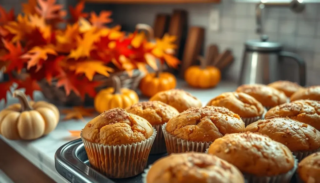 A cozy kitchen scene in autumn, featuring freshly baked pumpkin muffins with a golden-brown crust sprinkled with cinnamon, surrounded by colorful fall leaves, small pumpkins, and warm, soft lighting, evoking a feeling of warmth and comfort.