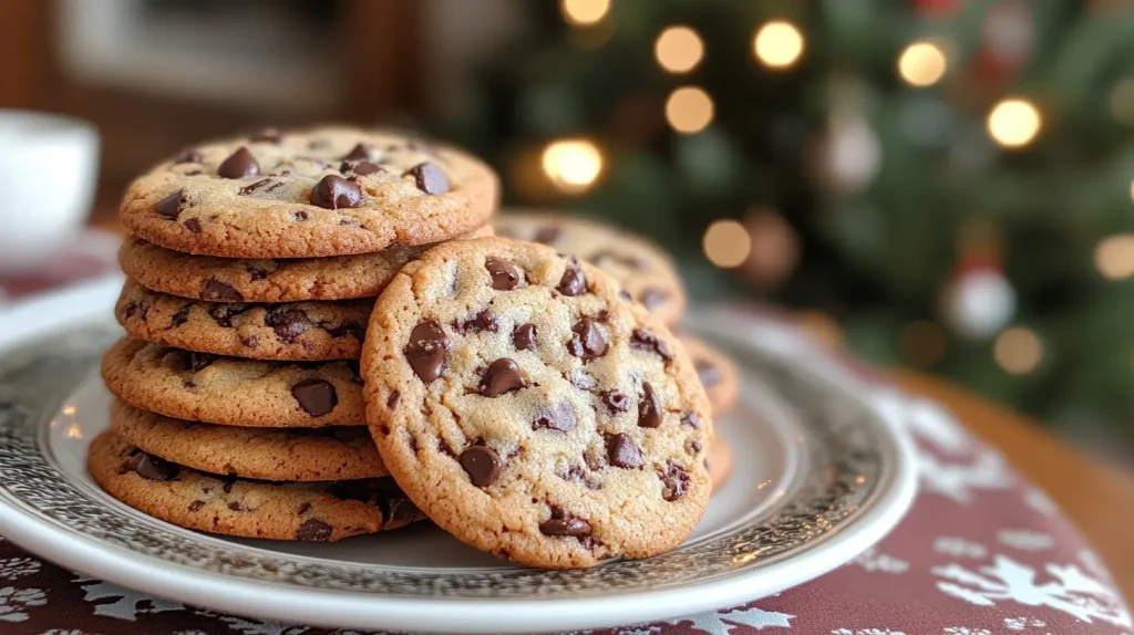 Toll House chocolate chip cookies on a festive table with holiday decorations.