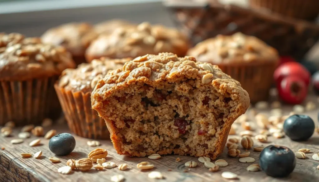 A close-up of freshly baked bran muffins with a golden-brown crust, showing a texture filled with visible oats and nuts, surrounded by scattered grains and a few ripe berries, set on a rustic wooden table with natural light highlighting the muffins' moist interior.