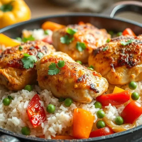 A vibrant, inviting one-pan meal featuring golden-brown chicken thighs nestled atop a bed of fluffy white rice, surrounded by colorful vegetables like bell peppers, peas, and carrots. The dish is garnished with fresh herbs and served in a rustic skillet, with steam rising to emphasize warmth and freshness. Natural light softly illuminates the scene, highlighting the textures and rich colors of the ingredients.