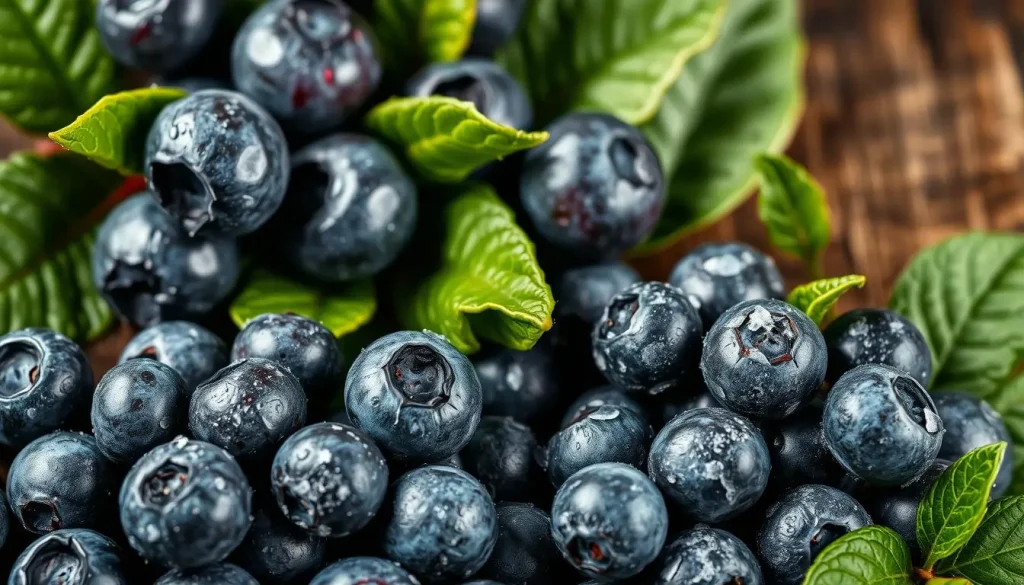 A vibrant, close-up composition featuring fresh blueberries with their dewy skin, nestled among green leaves, alongside a contrasting pile of frozen blueberries with a light frost covering, set against a rustic wooden surface. The lighting should highlight the textures and colors, creating an inviting and appetizing scene.