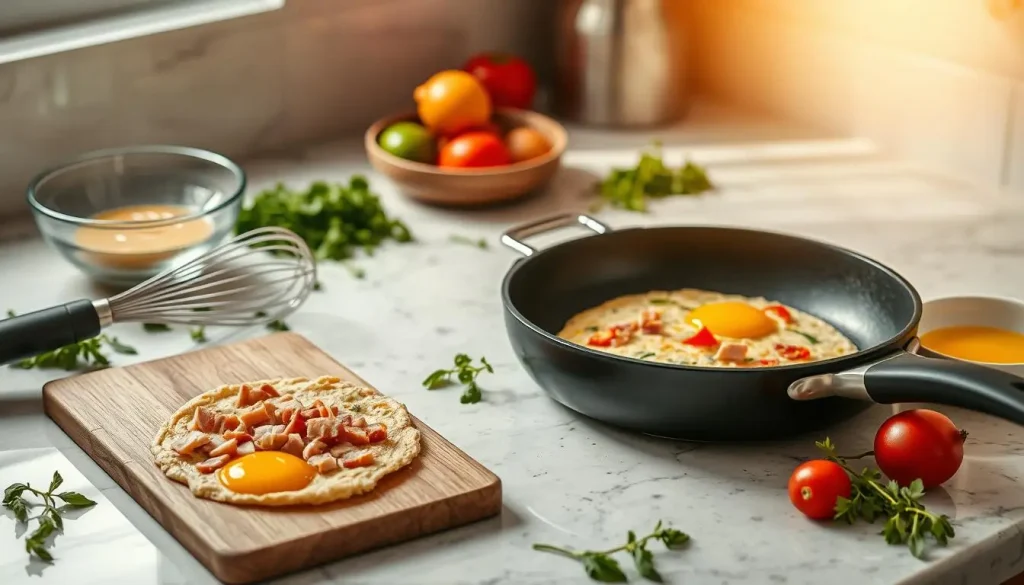 A stylish kitchen countertop showcasing essential frittata cooking equipment, including a non-stick frying pan with a smooth surface, a whisk for beating eggs, a cutting board with chopped vegetables and ham, a bowl filled with beaten eggs, and fresh herbs scattered around, all bathed in warm natural light.