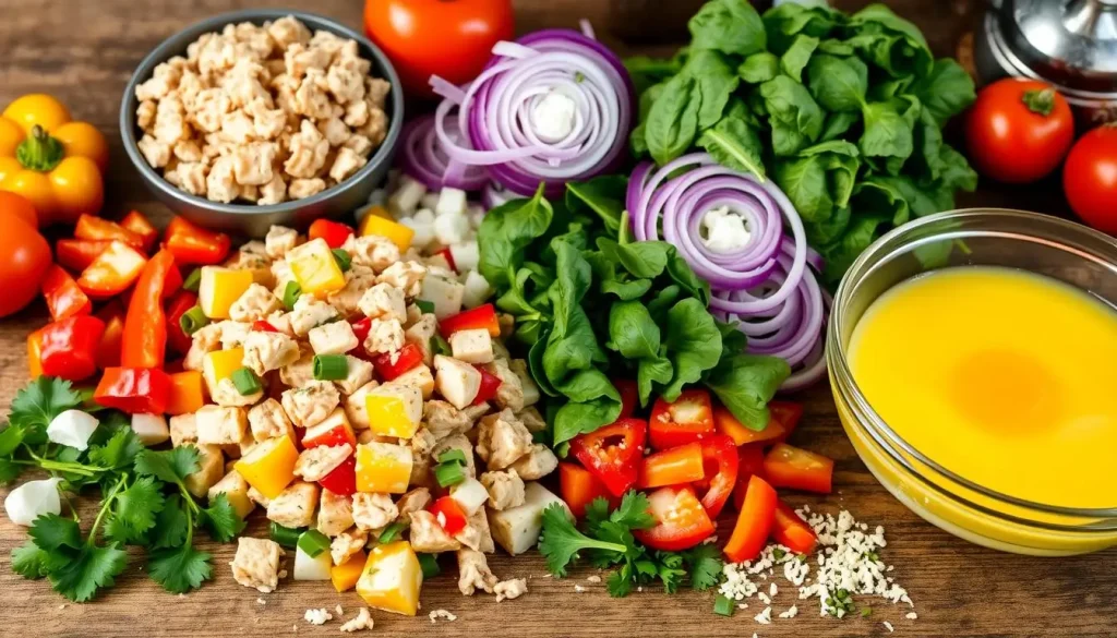 A vibrant arrangement of fresh ingredients for a chicken frittata, featuring diced cooked chicken, colorful bell peppers, onions, fresh spinach, and a bowl of whisked eggs. Include a sprinkle of grated cheese and herbs like parsley and chives scattered around, all set on a rustic wooden kitchen table with cooking utensils in the background. Natural light illuminating the scene.