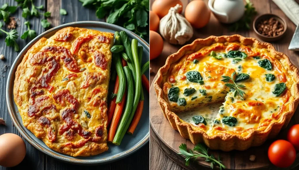 A vibrant and detailed split-screen image showcasing a golden-brown chicken frittata on one side, with colorful vegetables peeking through, and on the other side, a creamy quiche filled with spinach and cheese, garnished with herbs. The background should feature a rustic wooden table setting with fresh ingredients like eggs, herbs, and spices, creating a cozy kitchen atmosphere.