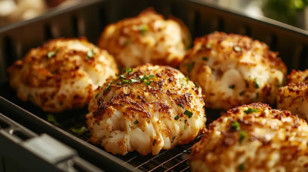 A close-up view of golden brown, crispy crab cakes in an air fryer basket, with a few scattered herbs for garnish, set against a clean kitchen backdrop.