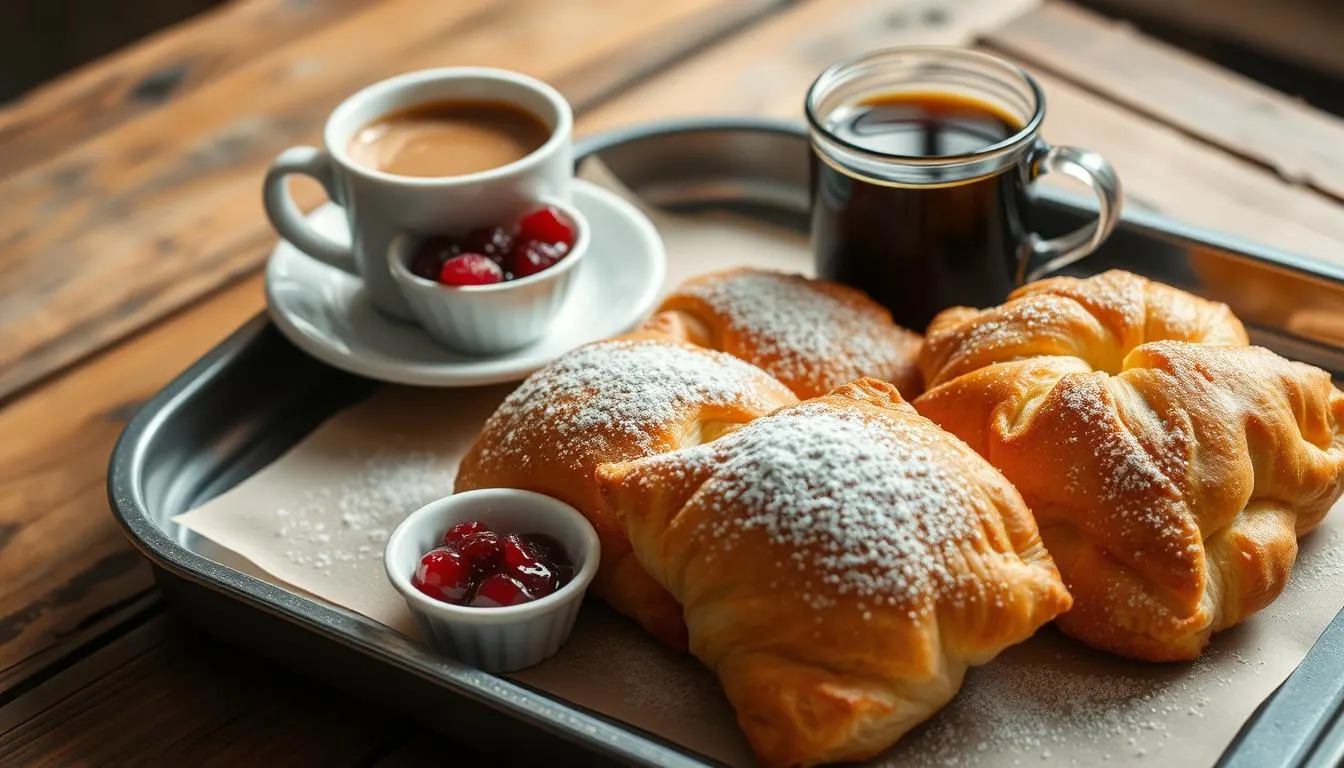 A beautifully arranged tray of golden-brown Swiss Gipfeli pastries, flaky and buttery, dusted with powdered sugar, alongside a small bowl of raspberry jam and a steaming cup of coffee, set against a rustic wooden table with soft morning light illuminating the scene.