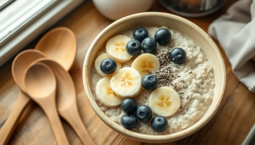 A bowl of creamy gluten-free oatmeal topped with fresh sliced bananas, blueberries, and a sprinkle of chia seeds, surrounded by natural wooden utensils on a rustic kitchen countertop with soft morning light filtering in.