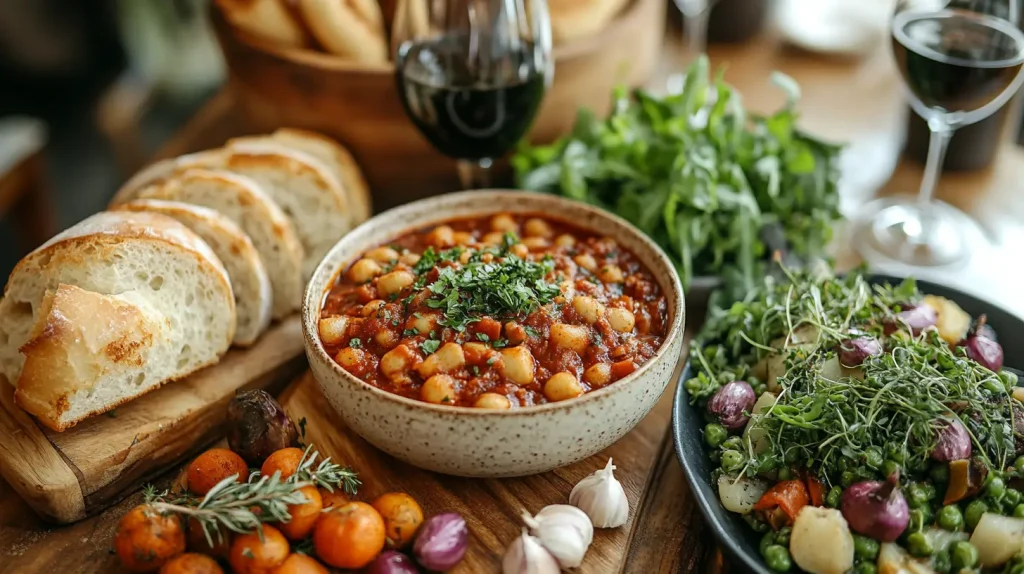A bowl of goulash served with garlic bread, roasted vegetables, and a fresh green salad on a bright dining table.
