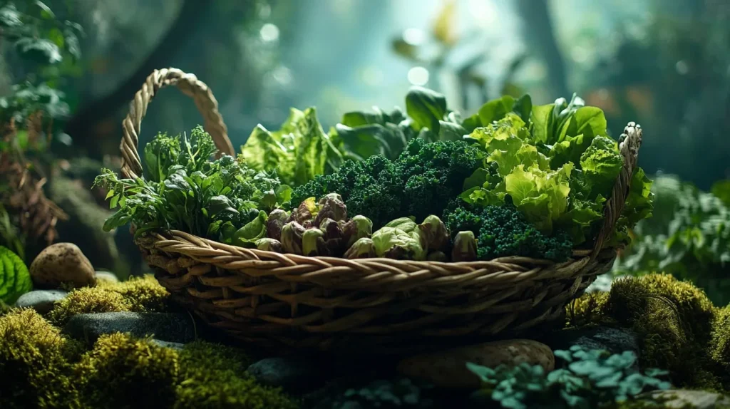 A vibrant assortment of fresh, leafy greens gathered in a rustic basket, including dark kale, tender spinach, and bright collard greens, surrounded by earthy elements like moss and stones, with a backdrop of a lush, swampy landscape filled with hints of sunlight filtering through trees.