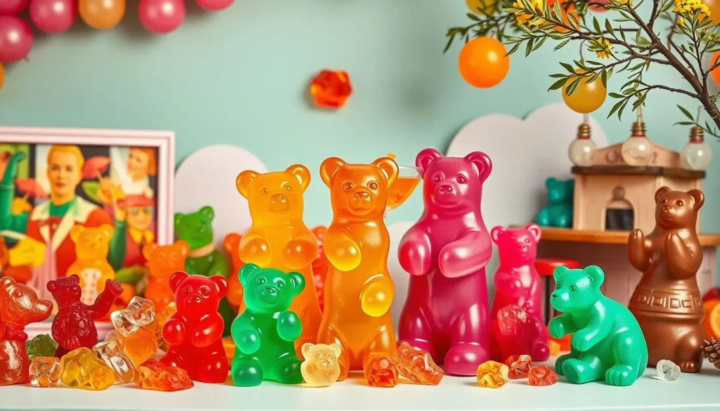 A vibrant, whimsical scene depicting the evolution of gummy bears through history, showcasing colorful gummy bear candies in various settings: vintage candy shops, 1980s party scenes, modern cocktail bars with gummy bear-themed drinks, and playful gummy bear sculptures in nature. Soft pastel colors, dynamic compositions, and a blend of nostalgic and contemporary elements to highlight the sweet journey of gummy bear treats.