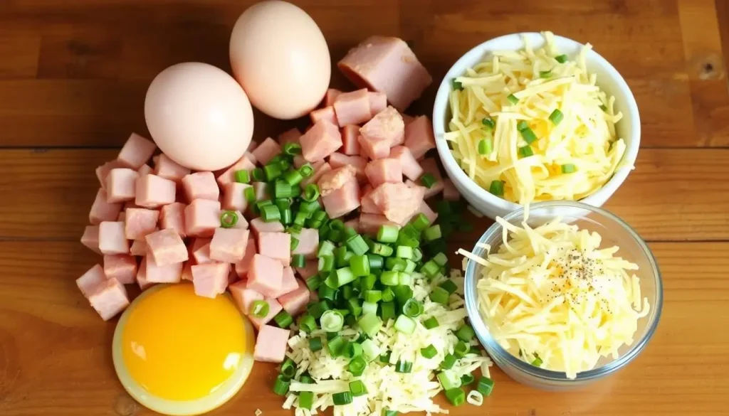 A vibrant arrangement of ingredients for a ham and cheese frittata: fresh eggs, diced ham, shredded cheddar cheese, chopped green onions, and a sprinkle of black pepper, all set on a rustic wooden surface with a soft natural light illuminating the scene.