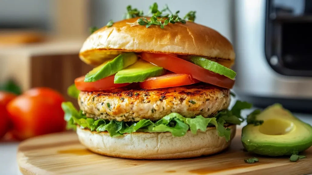 A close-up of a perfectly cooked, golden-brown turkey burger served on a whole grain bun, topped with fresh lettuce, ripe tomatoes, and avocado slices, garnished with a sprinkle of herbs, all set against a clean, modern kitchen background with an air fryer in the scene.