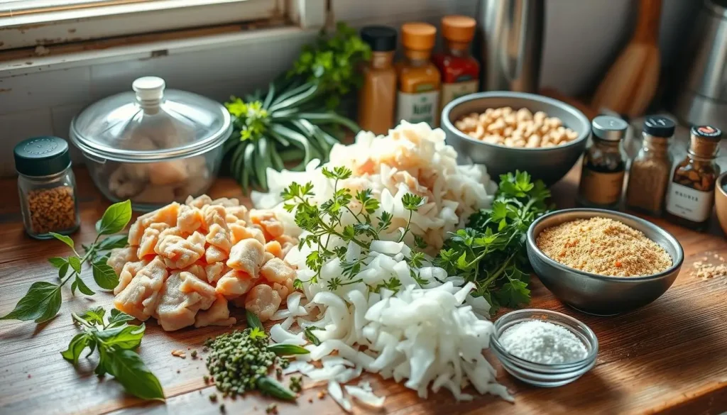 A rustic kitchen countertop filled with fresh ingredients for homemade chicken breakfast sausage, featuring ground chicken, finely chopped onions, minced garlic, fresh herbs like sage and thyme, black pepper, salt, red pepper flakes, and a bowl of breadcrumbs, all arranged artfully with colorful spices in small jars surrounding the main ingredients. Natural light streaming through a window enhances the vibrant colors and textures.