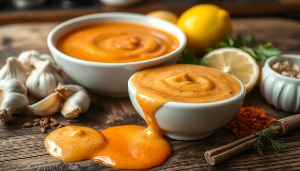 A bowl of creamy, orange-hued Zax Sauce surrounded by fresh ingredients like garlic cloves, lemon wedges, and spices on a rustic wooden countertop, with a drizzle of sauce in the foreground and a blurred kitchen in the background.