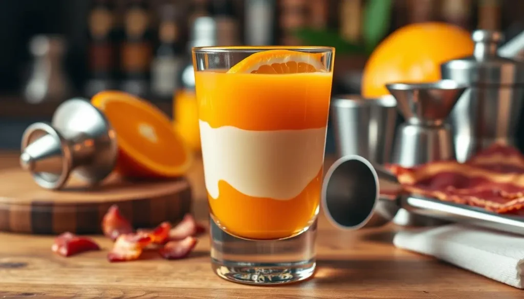 A vibrant scene featuring an Irish Breakfast Shot preparation, showcasing a shot glass filled with layered ingredients: bright orange Irish whiskey, creamy Irish cream liqueur, and a dash of orange juice. Include a rustic wooden bar surface, fresh ingredients like oranges and bacon on the side, and cocktail-making tools like a shaker and jigger, all under soft, warm lighting for a cozy atmosphere.