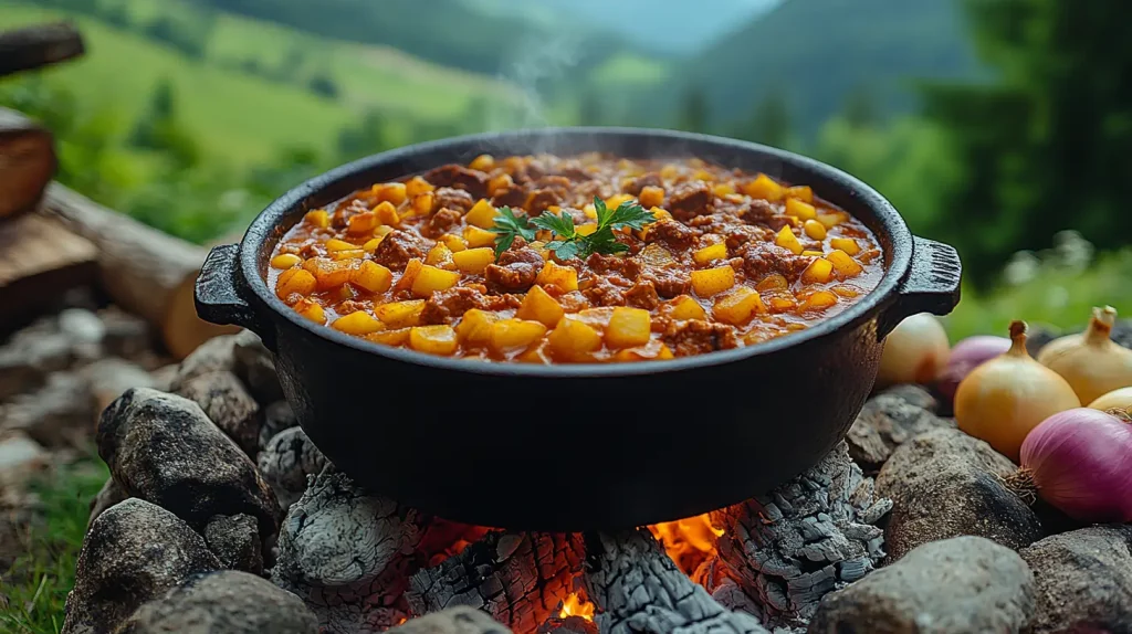 Hungarian herdsmen preparing goulash in a large black pot with countryside scenery in the background.