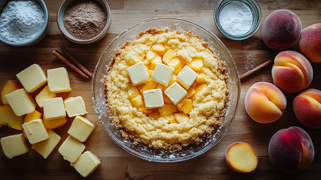 Ingredients for peach cobbler: canned peaches, cake mix, butter, and spices on a wooden countertop.