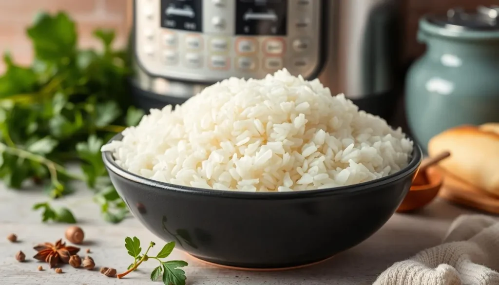 A steaming bowl of fluffy jasmine rice, beautifully presented, with a shiny Instant Pot in the background, surrounded by fresh herbs and spices, capturing the essence of a cozy kitchen setting, warm lighting highlighting the texture of the rice.
