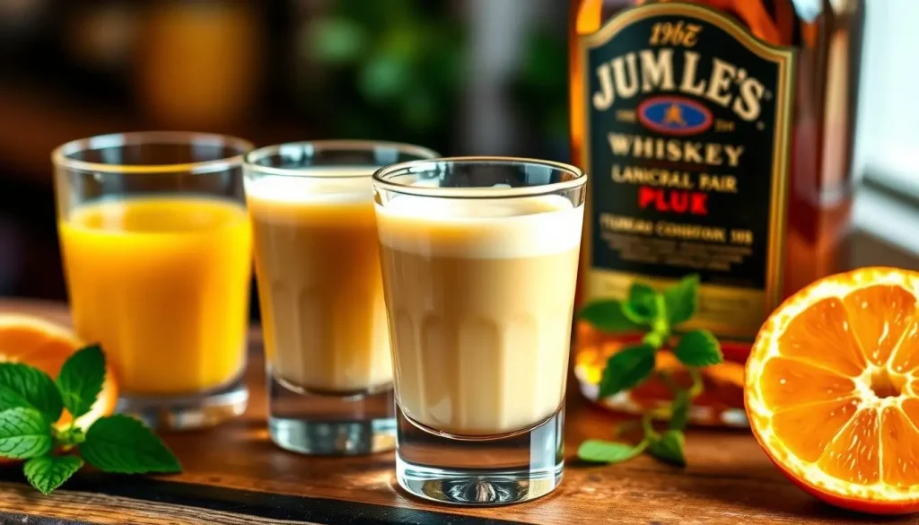 A vibrant and colorful display of an Irish breakfast shot, featuring a shot glass filled with a rich, creamy Irish cream liqueur, a glass of smooth Irish whiskey alongside, and a small glass of orange juice, all set on a rustic wooden bar top. Surrounding the glasses are fresh ingredients like sliced oranges and sprigs of mint, with soft natural lighting highlighting the textures and colors of the liquids.