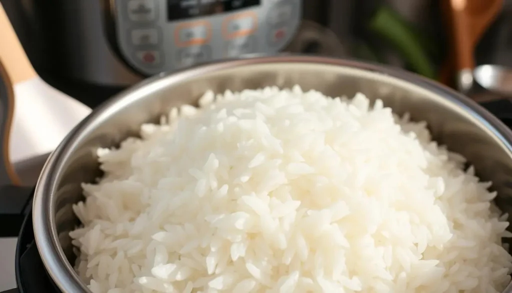 A close-up view of a glossy, perfectly cooked pot of jasmine rice in an Instant Pot, steam gently rising from the surface, surrounded by kitchen utensils, with grains of rice glistening under soft natural light, showcasing the texture and fluffiness of the rice in a modern kitchen setting.
