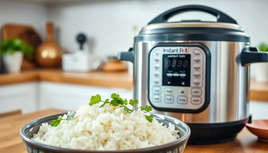A shiny stainless steel instant pot on a kitchen countertop, surrounded by fluffy cooked jasmine rice in a bowl, garnished with fresh herbs, soft natural lighting, and a cozy kitchen atmosphere.