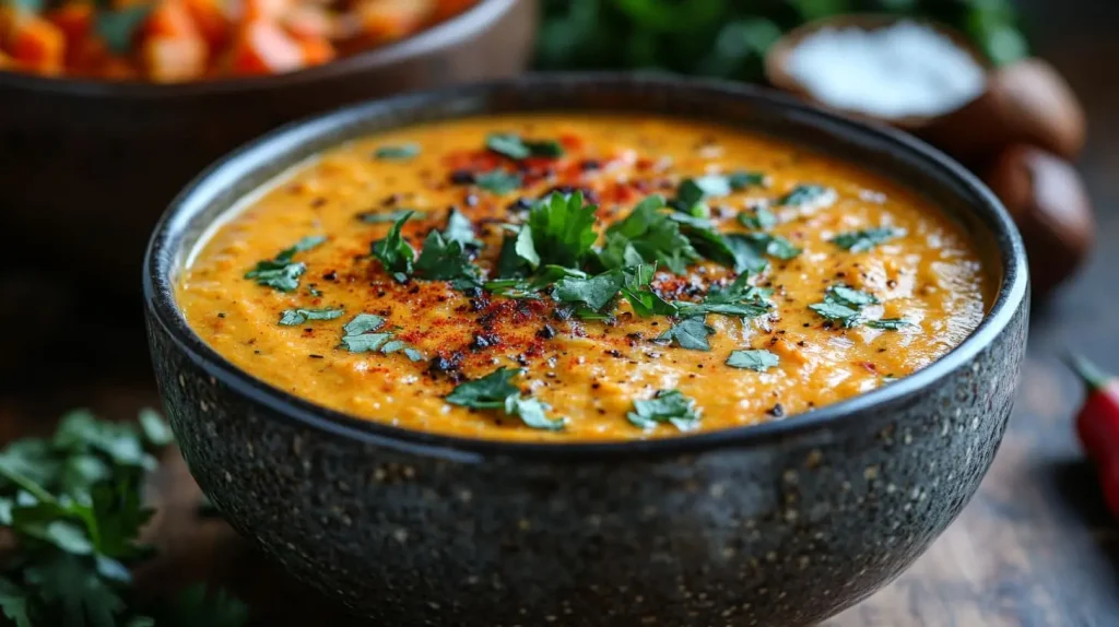 A vibrant bowl of creamy kabocha coconut soup, garnished with fresh herbs and a drizzle of coconut milk, surrounded by colorful autumn vegetables and spices, set against a rustic wooden backdrop.