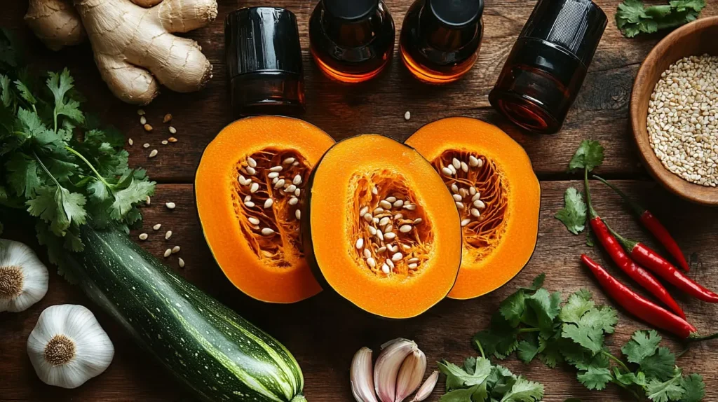 A vibrant selection of essential ingredients for kabocha vegan dishes, featuring a halved bright orange kabocha squash with its seeds displayed, surrounded by fresh ginger, garlic cloves, scallions, red chili peppers, soy sauce bottles, and a bowl of sesame oil, all on a rustic wooden table with green herbs scattered around.