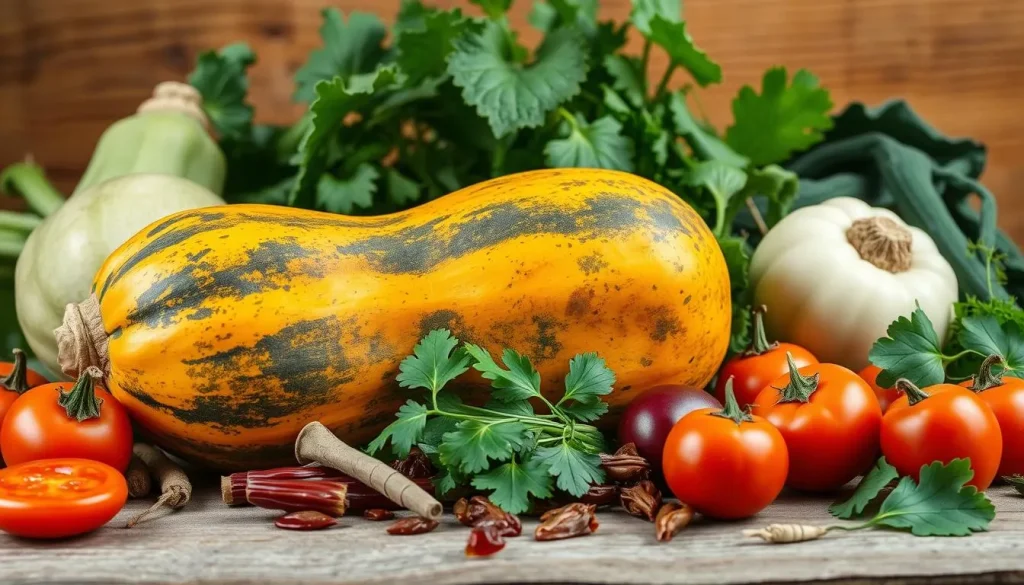 A vibrant still life featuring a whole kabocha squash with its distinctive green and orange skin, surrounded by fresh vegetables and herbs commonly used in Chinese cuisine, set against a rustic wooden table backdrop, warm natural lighting enhancing the textures and colors.