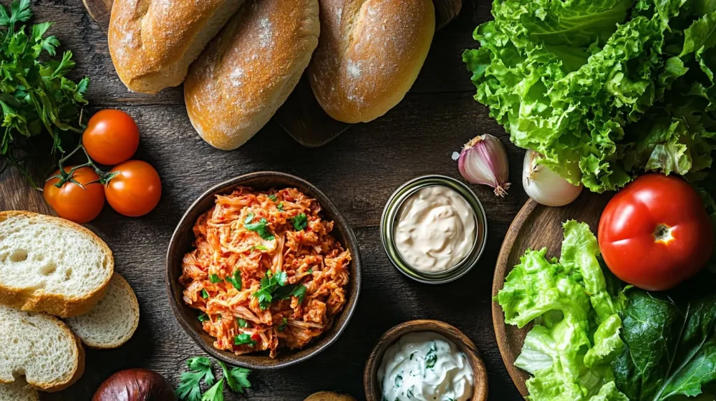 A vibrant assortment of fresh ingredients for a kimchi tuna sandwich, featuring a bowl of spicy, fermented kimchi, a can of tuna, mayonnaise in a small dish, crisp lettuce leaves, slices of ripe tomato, and soft bread rolls, all arranged artistically on a rustic wooden table with natural lighting.