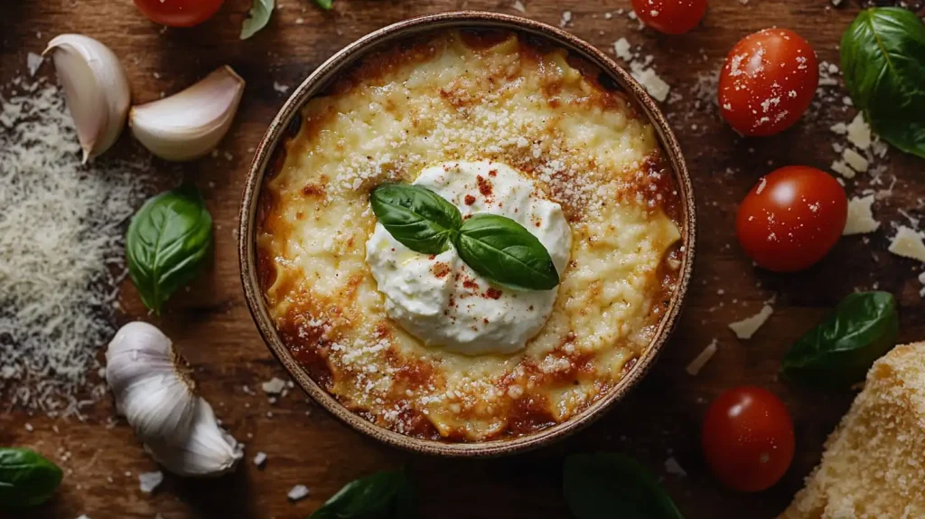 Lasagna soup topped with ricotta and fresh basil in a large bowl surrounded by ingredients.