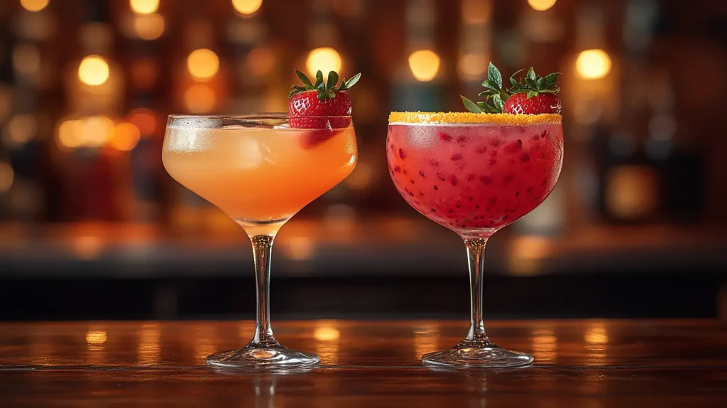 A classic lemon drop martini and a strawberry variation side by side on a bar counter.