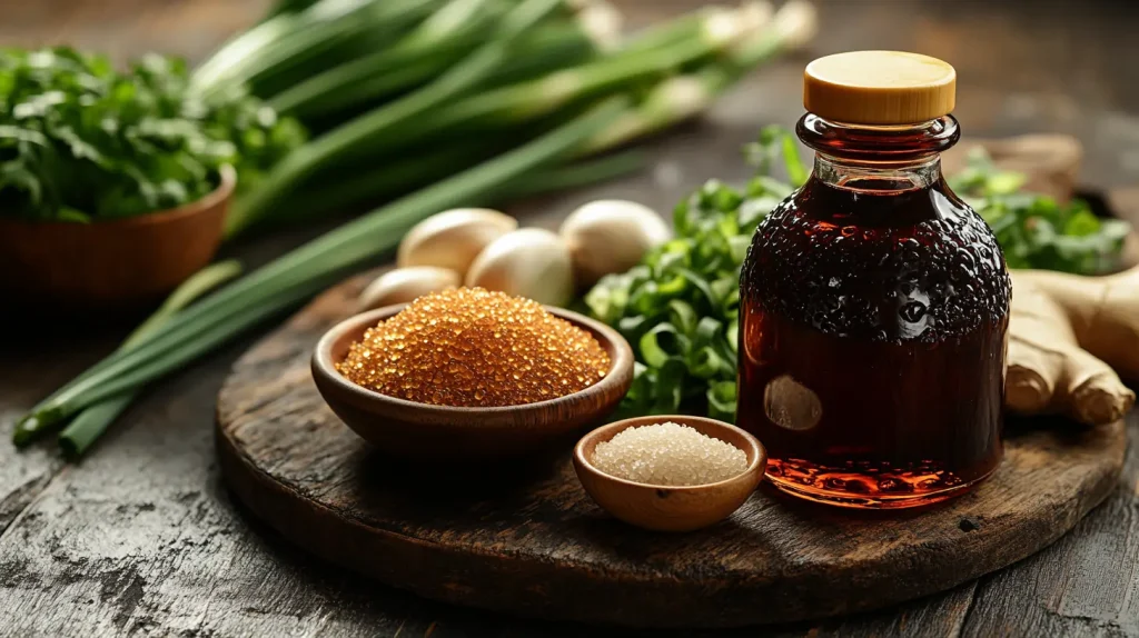Light soy sauce bottle and a bowl of brown sugar surrounded by fresh ingredients like garlic and ginger on a rustic table.