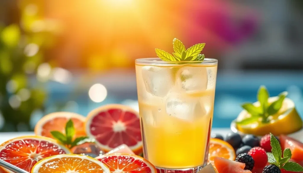 A vibrant, refreshing low-calorie cocktail garnished with a slice of lime and a sprig of fresh mint, served in a sleek glass with ice cubes, surrounded by colorful fruit slices like oranges and berries, against a bright summer backdrop with soft sunlight filtering through.