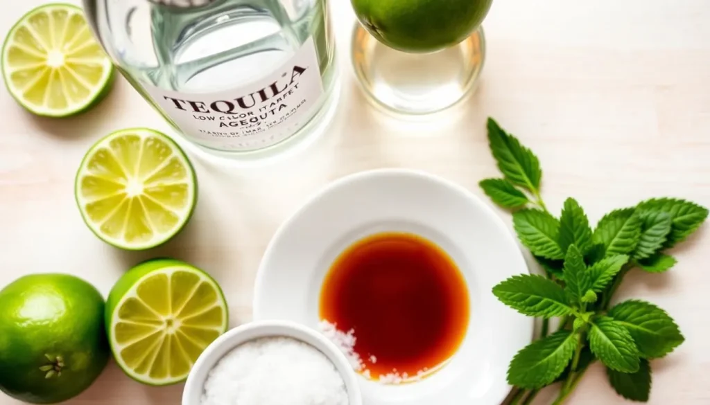 A visually appealing arrangement of low-calorie margarita ingredients, showcasing fresh lime slices, a bottle of clear tequila, a small bowl of agave syrup, coarse salt on a plate, and a vibrant green sprig of mint, all set against a light wooden background, with soft natural lighting enhancing the freshness of the ingredients.