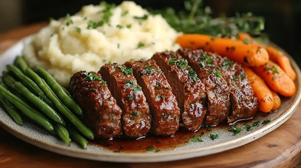 Sliced meatloaf served with mashed potatoes, green beans, and roasted carrots.